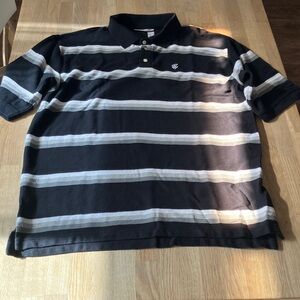 Vintage Rocawear men’s Black and Gray Striped Polo Shirt Size:L